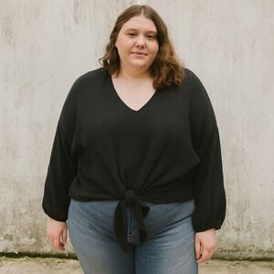 Hackwith Design House Tie Front Top‎ Womens 1/2X Black Cotton Gauze Long Sleeve